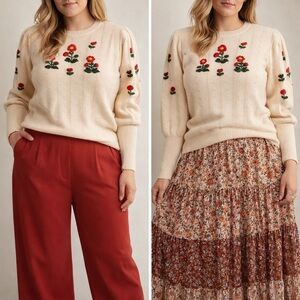 Cider Cream Crewneck Sweater with Red & Green Floral Embroidery